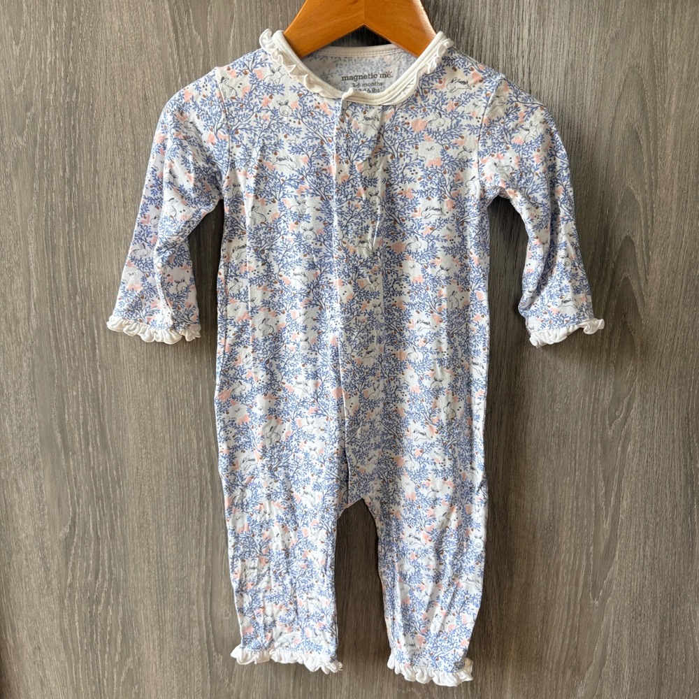 Magnetic Me Footless Romper Girls 3-6M Blue Bunny Floral Ruffle Cottagecore